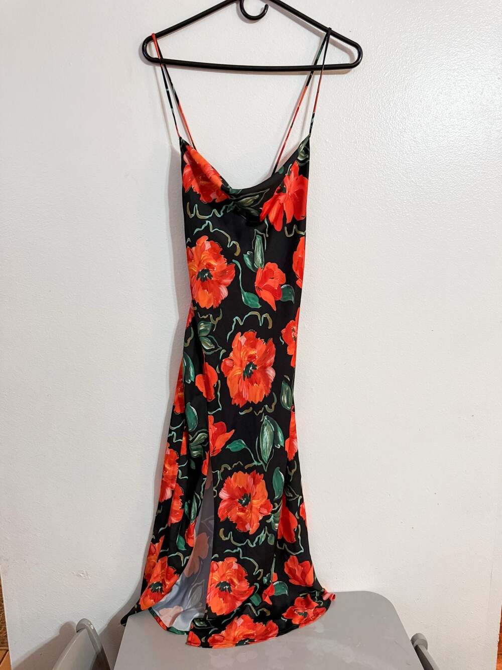 RESA Floral Poppy Print Cowl Neck Midi Slip Dress with Side Slit XS